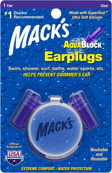 Mack's AquaBlock Swimming Earplugs, 1 Pair - Comfortable, Waterproof, Reusable Silicone Ear Plugs for Swimming, Snorkeling, Showering, Surfing and Bathing (Purple)