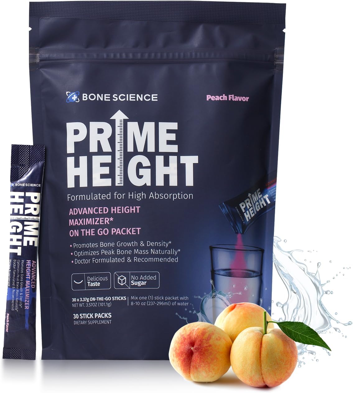 Prime Height Powder – Kids Daily Multivitamin With Calcium, Magnesium, Zinc, And Vitamins B6, B12, C, D3, E, K – 30 Sticks, Peach Flavor