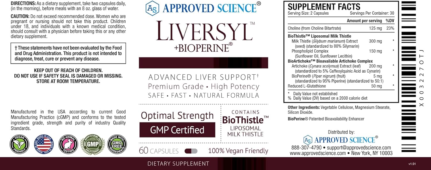 Approved Science Liversyl - Milk Thistle, Artichoke Extract, and Bioperine - Vegan - 60 Capsules - Made in The USA : Health & Household