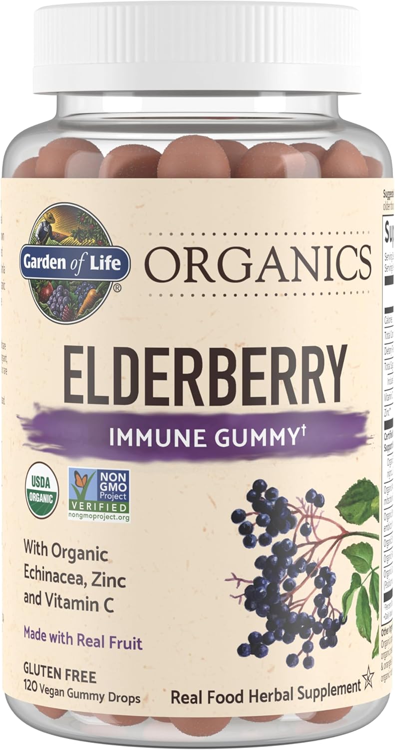 Garden Of Life Organics Elderberry Gummies For Adults & Kids - Immune Support Supplement With Organic Fruit, Herbal Blend, Elderberry, Echinacea, Zinc, Vitamin C, 120 Vegan Gluten Free Gummies