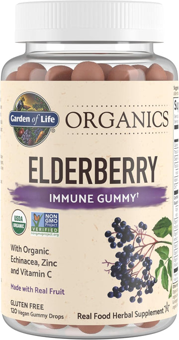Garden Of Life Organics Elderberry Gummies For Adults & Kids - Immune Support Supplement With Organic Fruit, Herbal Blend, Elderberry, Echinacea, Zinc, Vitamin C, 120 Vegan Gluten Free Gummies