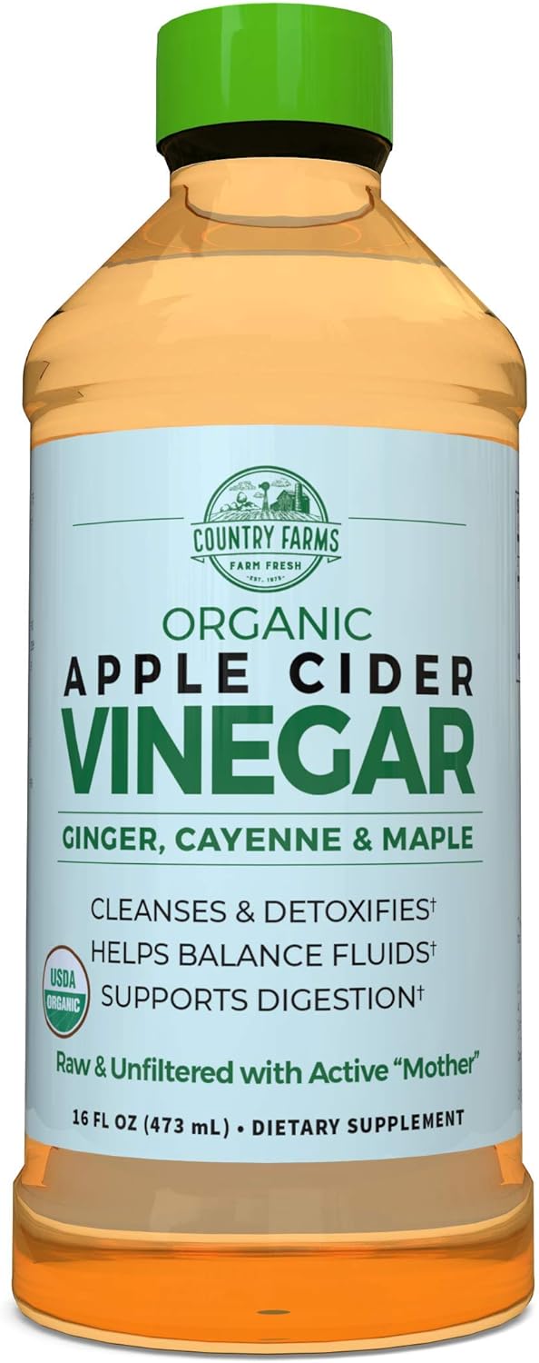 Country Farms Organic Apple Cider Vinegar Tonic, Cleanses and Detoxifies, Helps Balance Fluids, Supports Digestion, With The “Mother”, Ginger Cayenne & Maple, 16 Fl. Oz