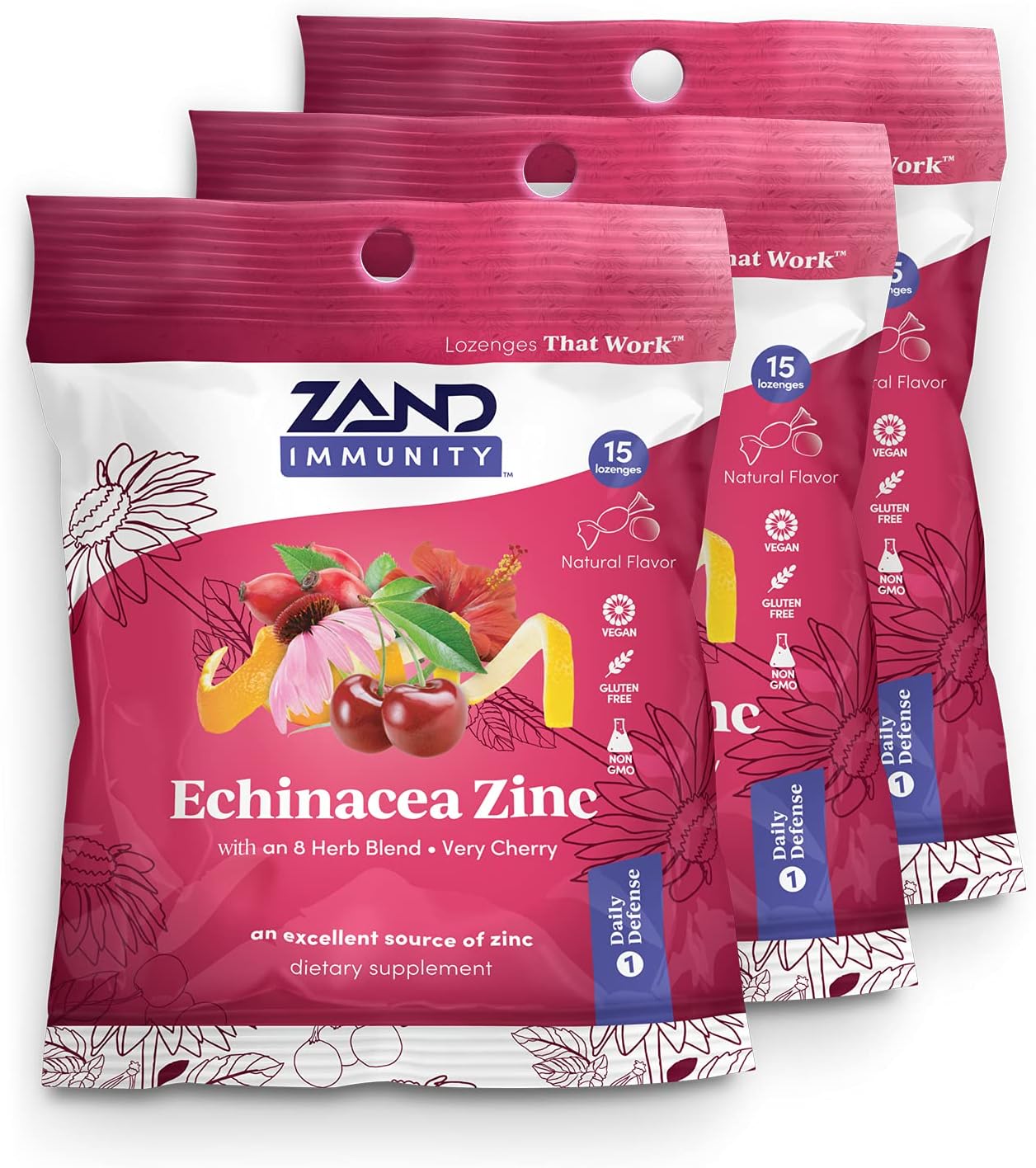 Zand HerbaLozenge Cherry Echinacea Zinc | Throat Lozenges | No Corn Syrup, No Cane Sugar, No Colors | 15 Lozenge, 3 Bags