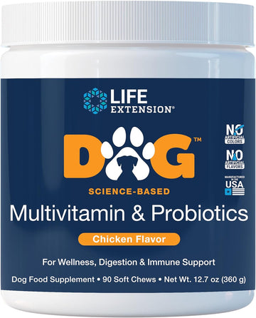 Life Extension Dog Multivitamin & Probiotics - Dog Food Supplement for Overall Health, Digestion and Immune Support - Vitamins, Probiotic Blend, Colostrum (Bovine) - 90 Soft Chews