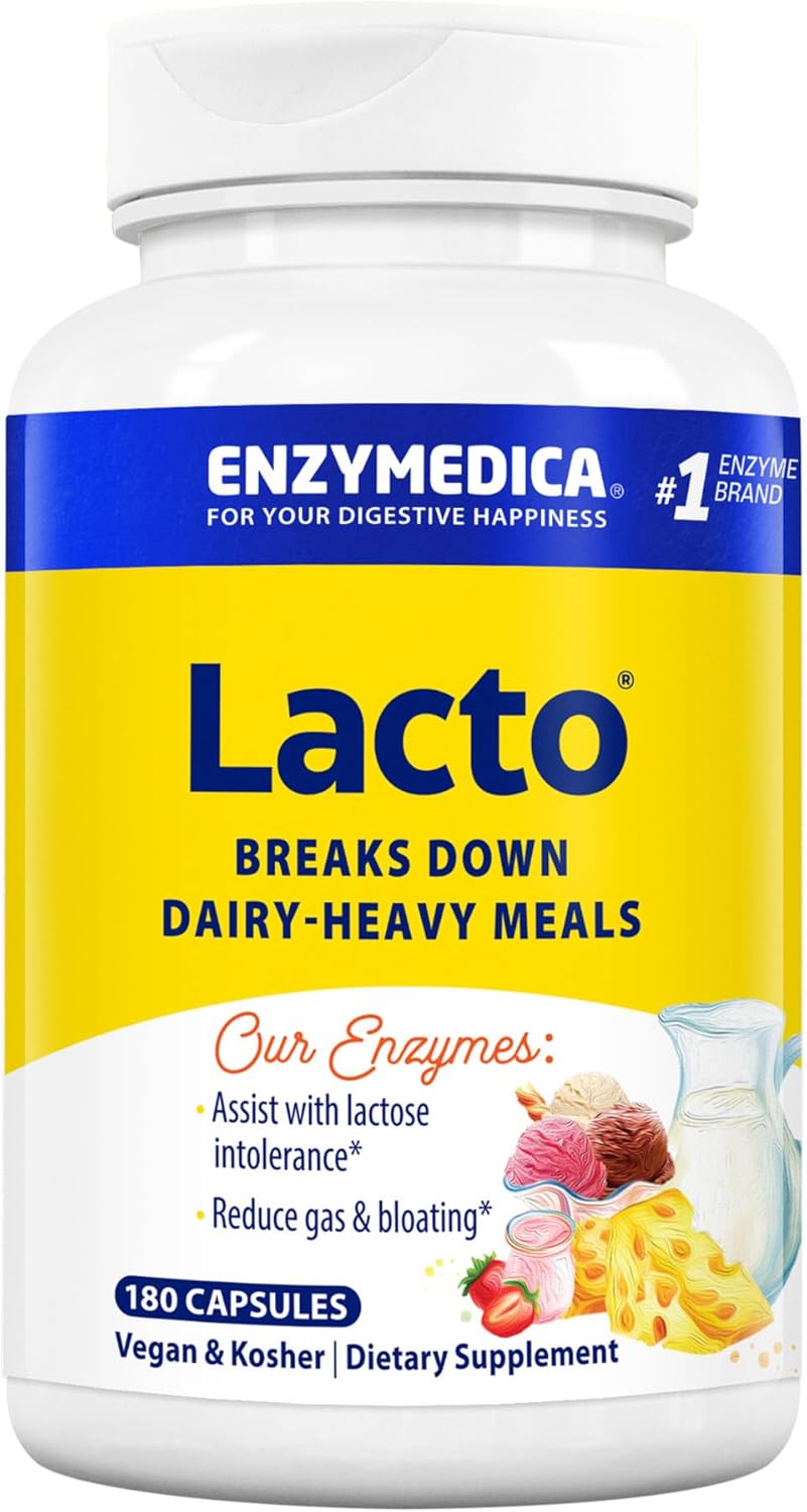Enzymedica Lacto, Digestive Enzymes For Complete Dairy Digestion, Offers Fast-Acting Gas & Bloating Relief, Standard Packaging, 180 Count