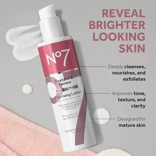 No7 Restore & Renew Dual Action Cleansing Lotion - Facial Cleanser & Exfoliant With Alpha Hydroxy Acid - Cleansing Lotion Makeup Remover For Anti-Aging