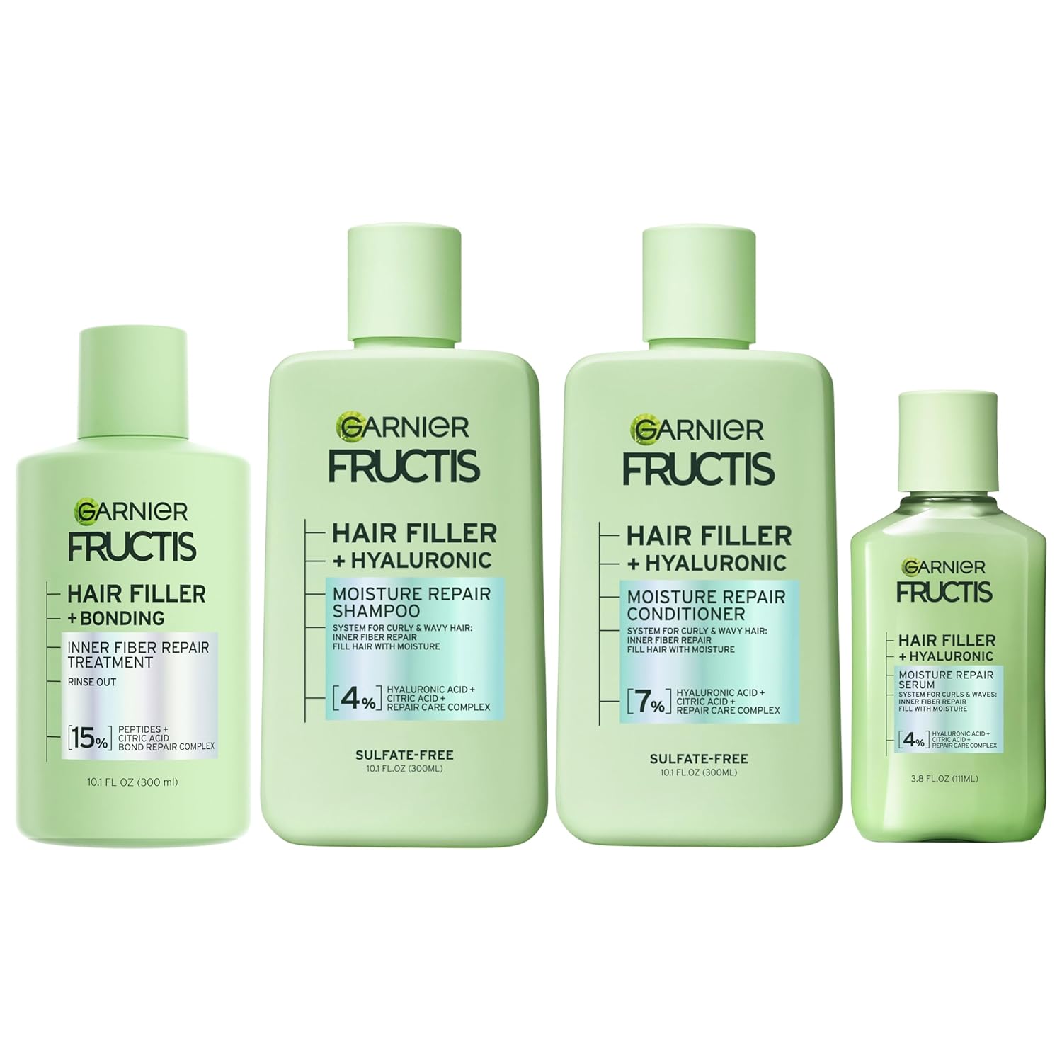 Garnier Fructis Hair Filler Bonding Pre-Shampoo + Moisture Repair Shampoo, Conditioner and Serum Set for Curly, Wavy Hair, with Hyaluronic Acid (4 Items), 1 Kit