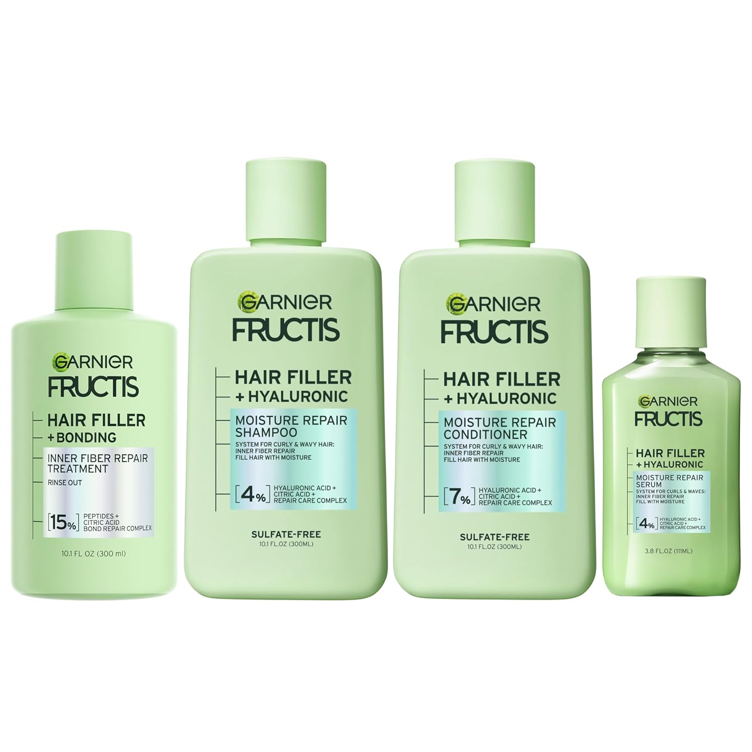 Garnier Fructis Hair Filler Bonding Pre-Shampoo Hair Treatment + Moisture Repair Shampoo, Conditioner And Serum Set With Hyaluronic Acid For Curly, Wavy Hair, 4 Items, 1 Kit