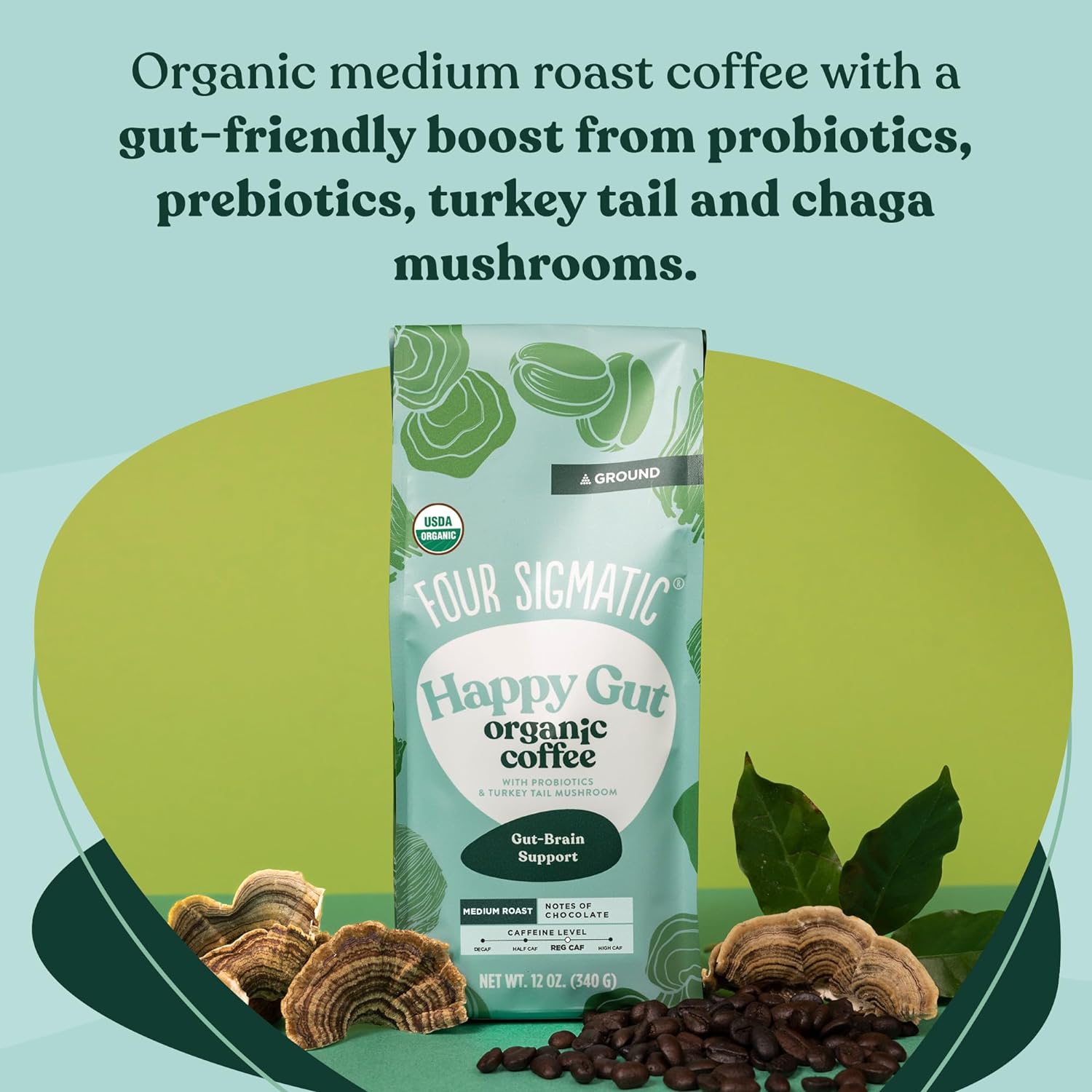 Four Sigmatic Gut Health Organic Ground Coffee | Medium Roast Fair Trade Gourmet Coffee with Chaga & Turkey Tail | Immune Boosting, Probiotic Mushroom Coffee for Gut Health & Immune Support | 12oz Bag : Grocery & Gourmet Food