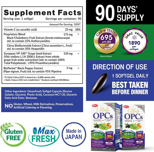 Labo Nutrition Vitale Opcs | Premium European Grape Seed Extract With Aronia, Citrus Bioflavonoids | Supports Circulation, Skin Health And Cellular Protection | 100% Polyphenols 90 Softgels