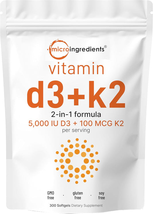 Micro Ingredients Vitamin D3 5,000Iu + K2 100Mcg Softgels & Multi Collagen Protein Powder Bundle 2 Pack | Essential Sunshine Vitamins | Grass-Fed Collagen Peptides