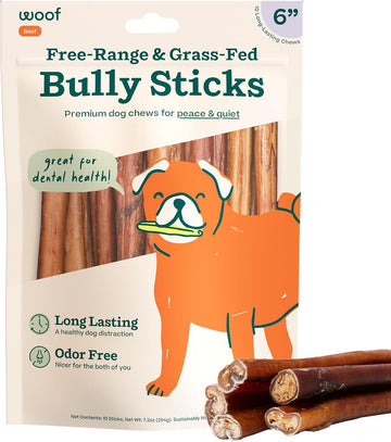 Woof Bully Sticks Dog Treats - Chew Sticks For Dogs - Long-Lasting Dog Chew Treats - Dog Products Made With Free-Range, Grass-Fed Beef - 6" Sticks - 10Pk