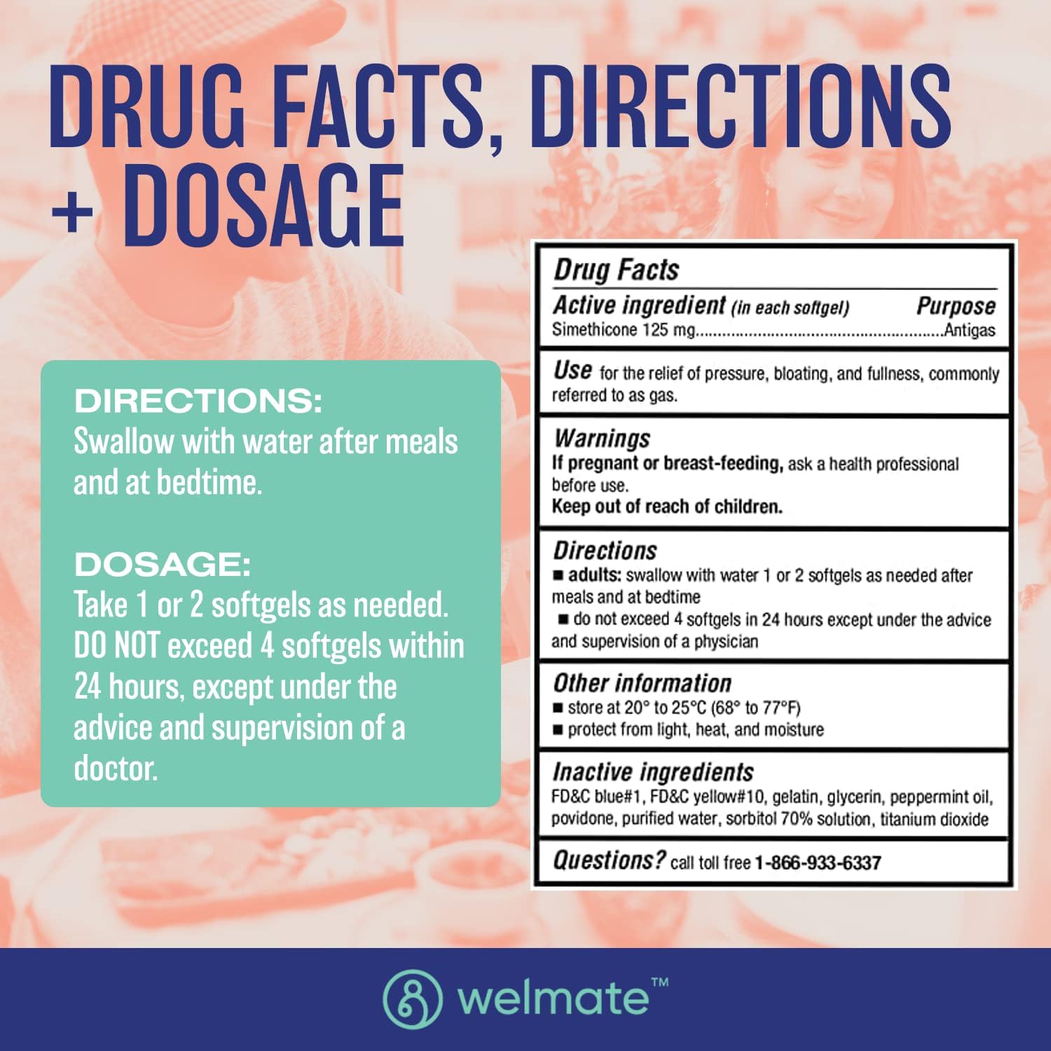 WELMATE | Gas Relief | Simethicone 125mg Softgels | Extra Strength | IBS, Gas, Bloating, Pressure, & Discomfort Support for Women & Men | Fast Acting Stomach Support | 365 Softgels : Health & Household