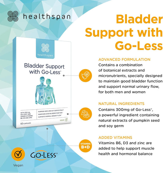 Healthspan Bladder Support with Go-Less® | for Good Bladder Health & Urinary Flow | 300mg Go-Less® | Pumpkin Seed Extract & Soy Germ Extracts | Added Vitamin B6, D3 & Zinc | Vegan (60 Capsules)