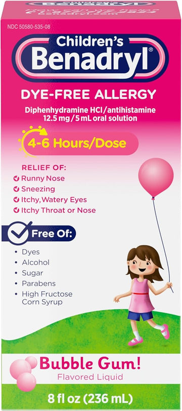 Benadryl Children'S Dye-& Sugar-Free Allergy Relief Liquid Medicine With Diphenhydramine Hcl, Antihistamine Allergy Medicine For Kids, Dye-Free, Alcohol-Free, Bubble Gum Flavor, 8 Fl. Oz