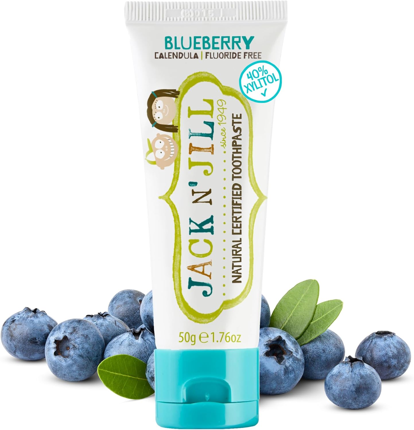 Jack N' Jill Natural Certified Toothpaste - Baby & Toddler Toothpaste, Fluoride-Free, 40% Xylitol, Sugar-Free, Safe For 6 Months And Up, Makes Tooth Brushing Fun, Organic Blueberry Flavour, 1 X 50G