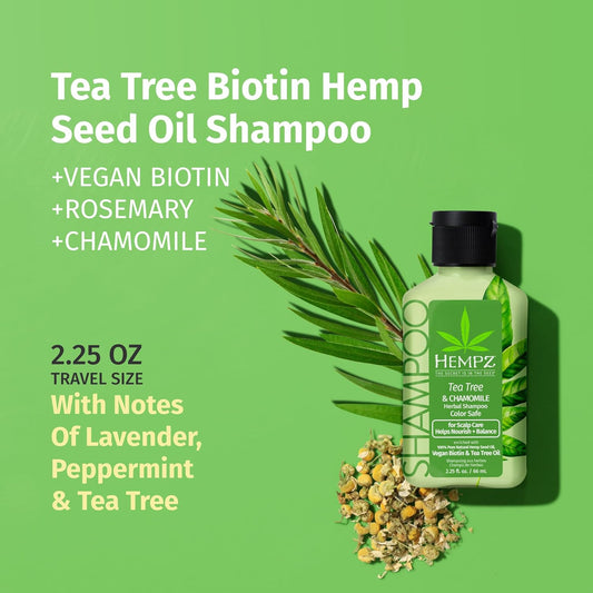 Hempz Biotin Hair Shampoo - Tea Tree & Chamomile - For Scalp Care Hair Growth & Strengthening Of Dry, Damaged And Color Treated Hair, Hydrating, Softening, Moisturizing - Travel Size 2.25 Fl Oz