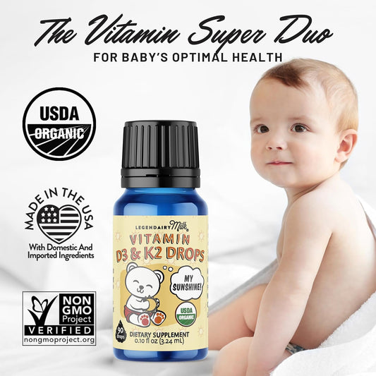 Legendairy Milk Baby Vitamin D3 & K2 Liquid Drops, Certified Organic Baby Vitamin D for Infants with K2 Drops, Newborns, Infants, Toddlers, and Kids, 400 IU, Vegan, 90 Liquid Vitamin D Drops