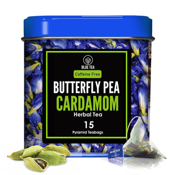 Blue Tea - Butterfly Pea Flower Cardamom Herbal Tea - 15 Pyramid Tea Bags | Fathers Day Gift | | Detox Tea| Natural Food Coloring, Iced Tea, Cocktails, Mocktails - Caffeine Free - Premium Tin Pack