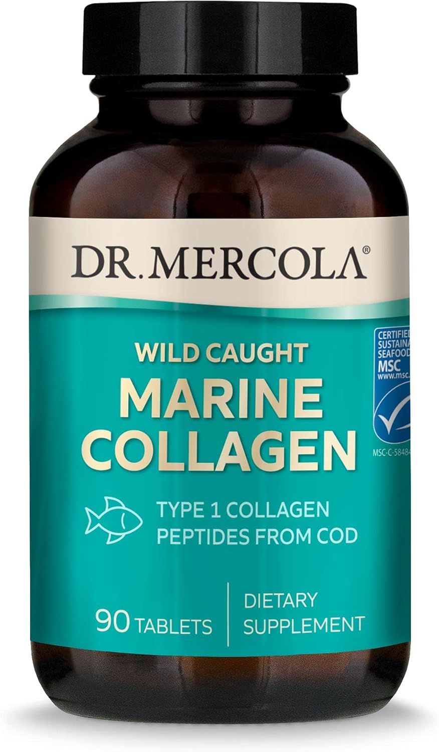 Dr. Mercola Wild Caught Marine Collagen Dietary Supplement, 30 Servings (90 Tablets), Type 1 Collagen Peptides from Cod, Non GMO, Gluten Free, Soy Free