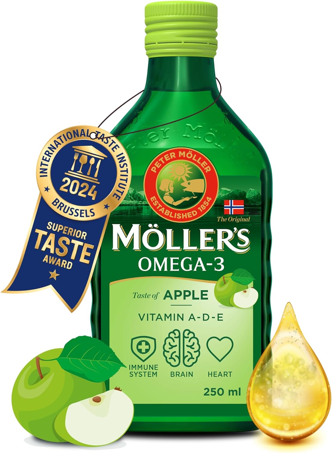 Moller’s ® | Omega 3 Cod Liver Oil | Omega-3 Dietary Supplements with EPA, DHA, Vitamin A, D and E | Superior Taste Award | Pure & Natural cod Liver Oil | 166 Year Old Brand | Apple | 250 ml