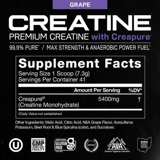 Muscle Feast Creapure Creatine Monohydrate Powder, Vegan Keto Friendly Gluten-Free Easy To Mix, Mass Gainer, Muscle Recovery Supplement And Best Creatine For Muscle Growth, Grape, 300G