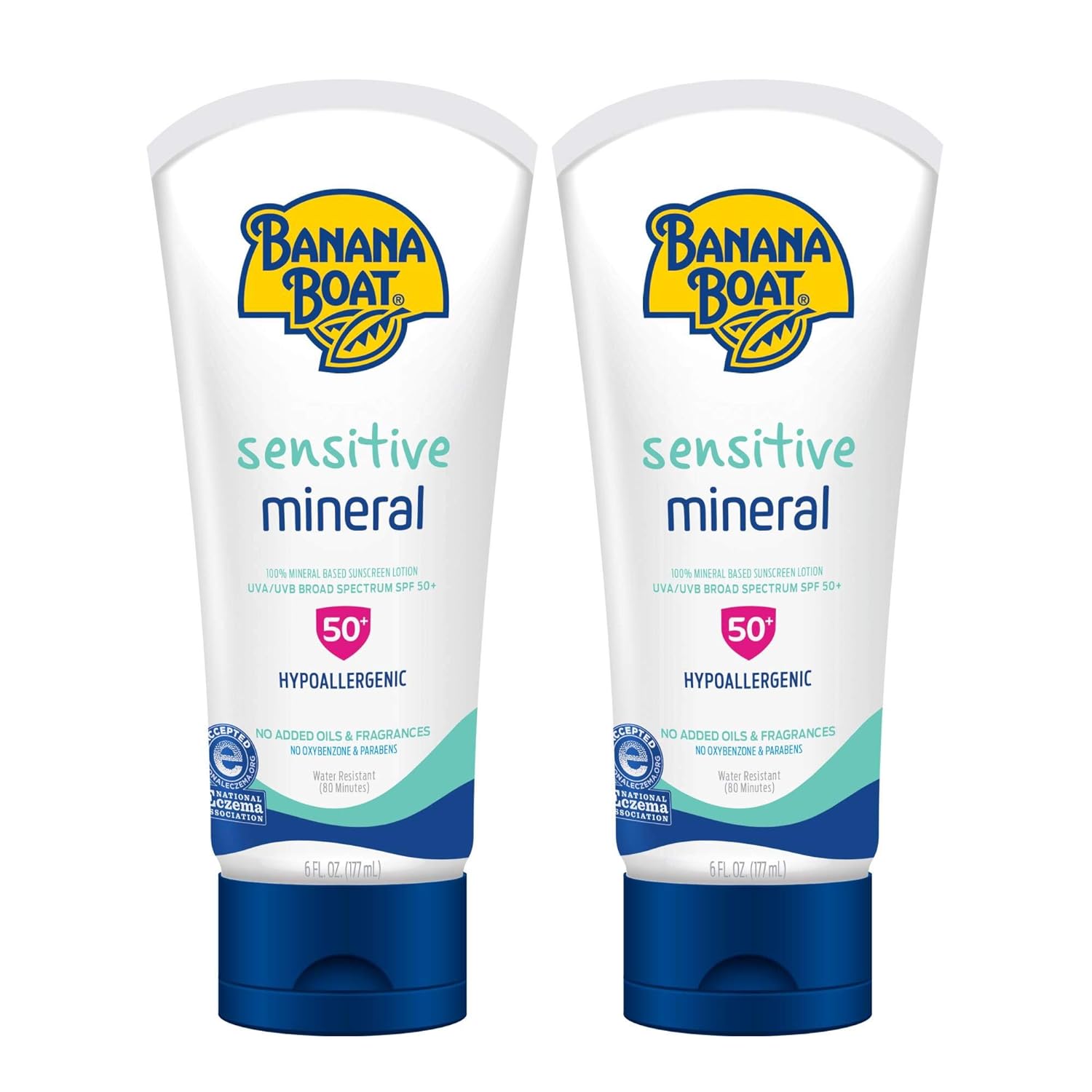 Banana Boat Sensitive 100% Mineral Sunscreen Lotion Spf 50 Twin Pack | Body Sunscreen, Sensitive Skin Sunblock, Oxybenzone Free Sunscreen, Banana Boat Mineral Sunscreen Spf 50, 6Oz Each