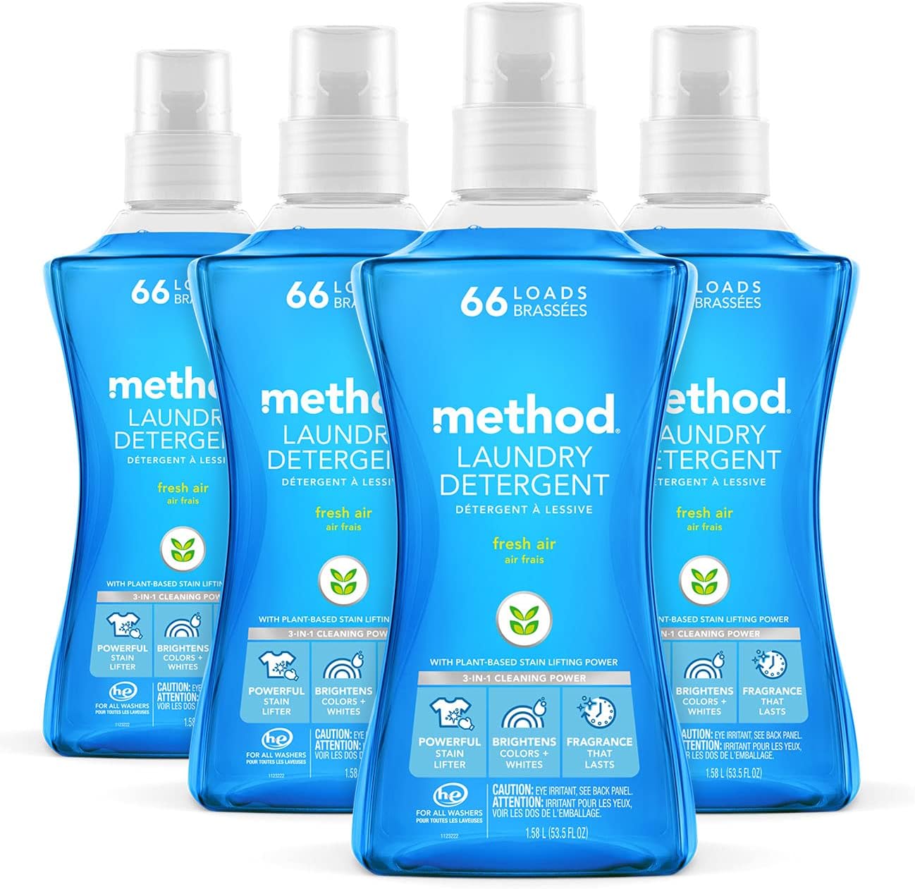 Method Liquid Laundry Detergent, Fresh Air, 66 Loads Per Bottle, Biodegradable Formula, Plant-Based Stain Remover, 53.5 Fl Oz (Pack Of 4)