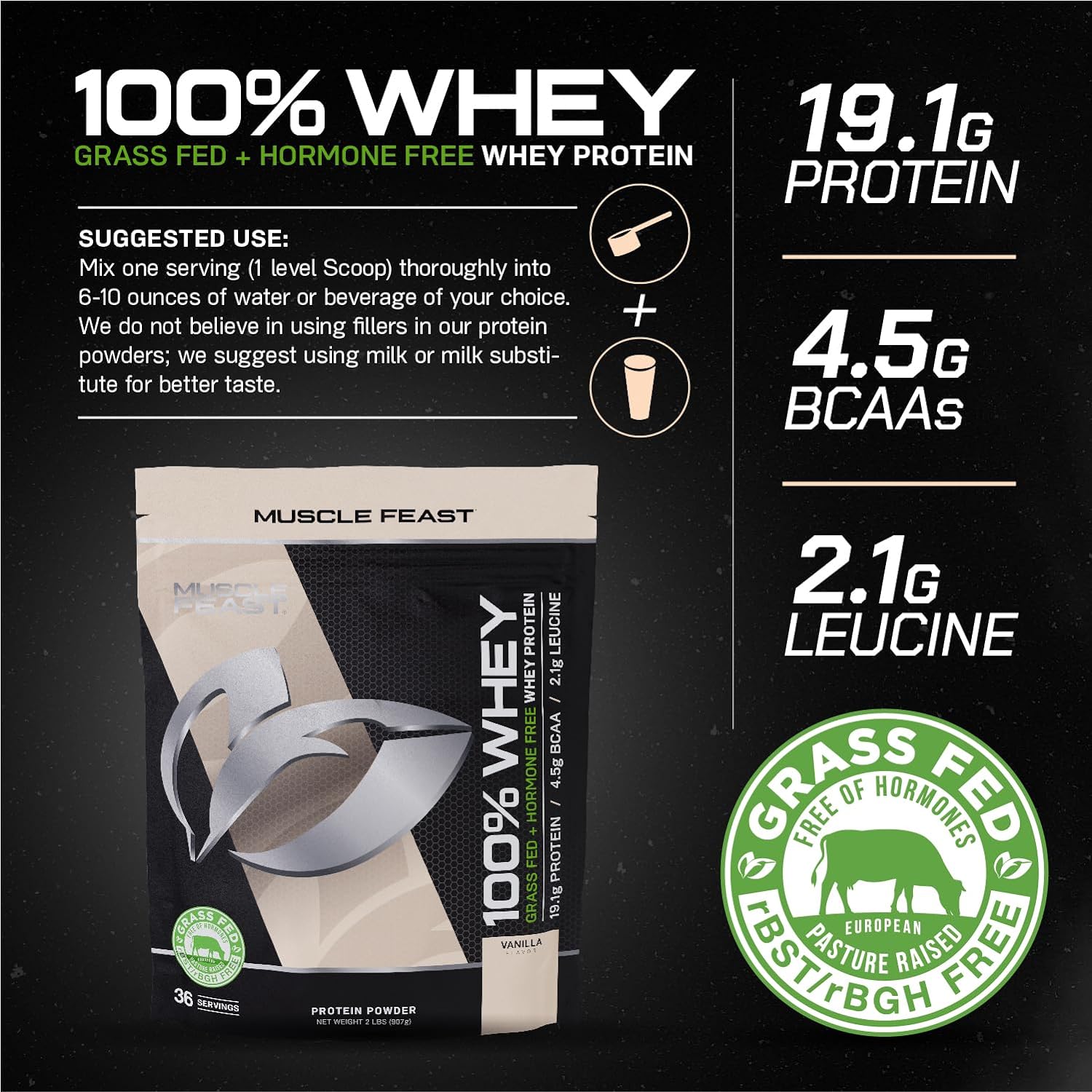Muscle Feast 100% Grass-Fed Whey Protein, Pastured Raised Hormone Free All Natural, Vanilla, 2lb : Health & Household
