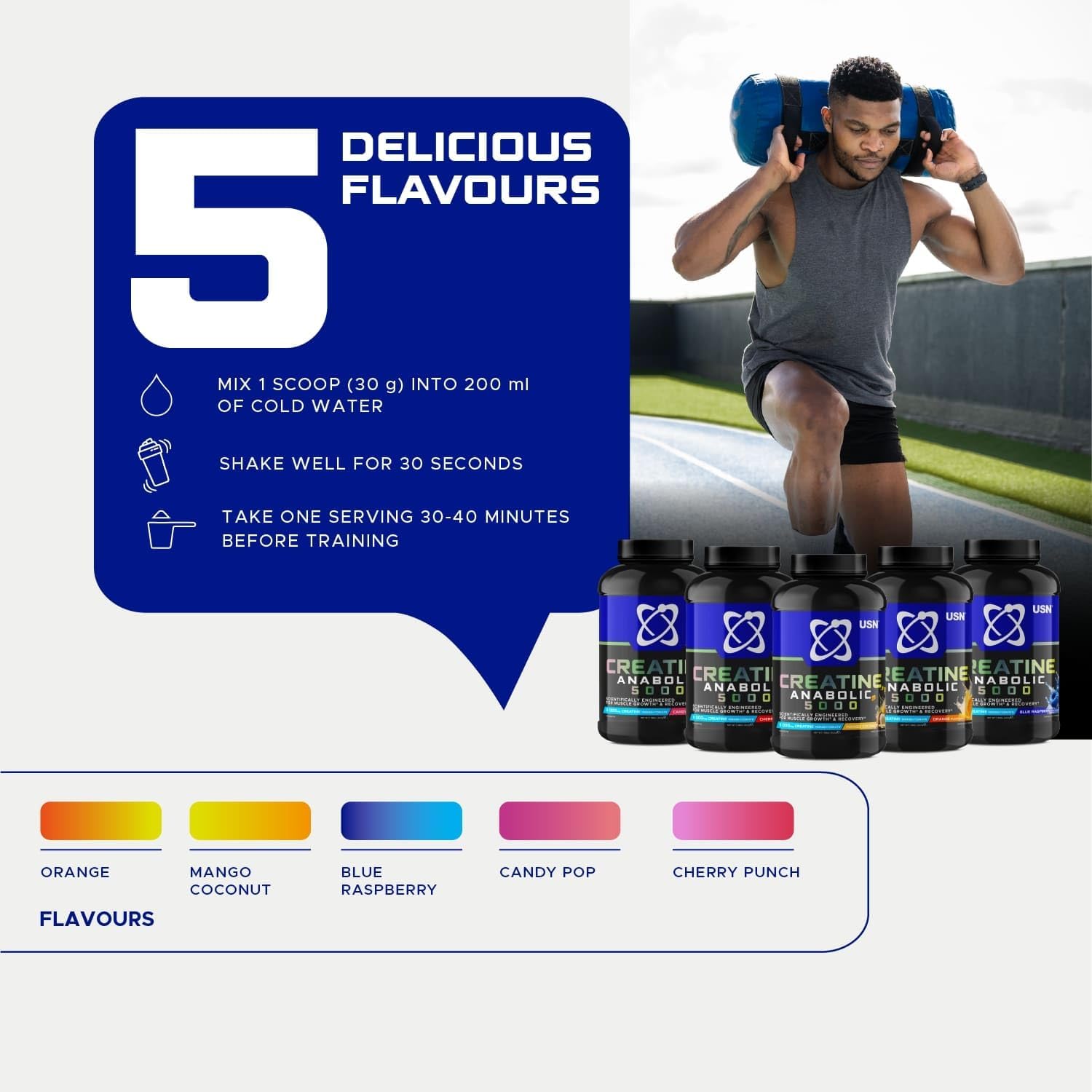 USN Creatine Anabolic 5000 – All-in-One Muscle Growth & Recovery Powder, 5000mg Creatine Monohydrate + 3000mg BCAAs, Low Sugar, Orange Flavour, 900g (30 Servings) - New Formula : Amazon.co.uk: Health & Personal Care
