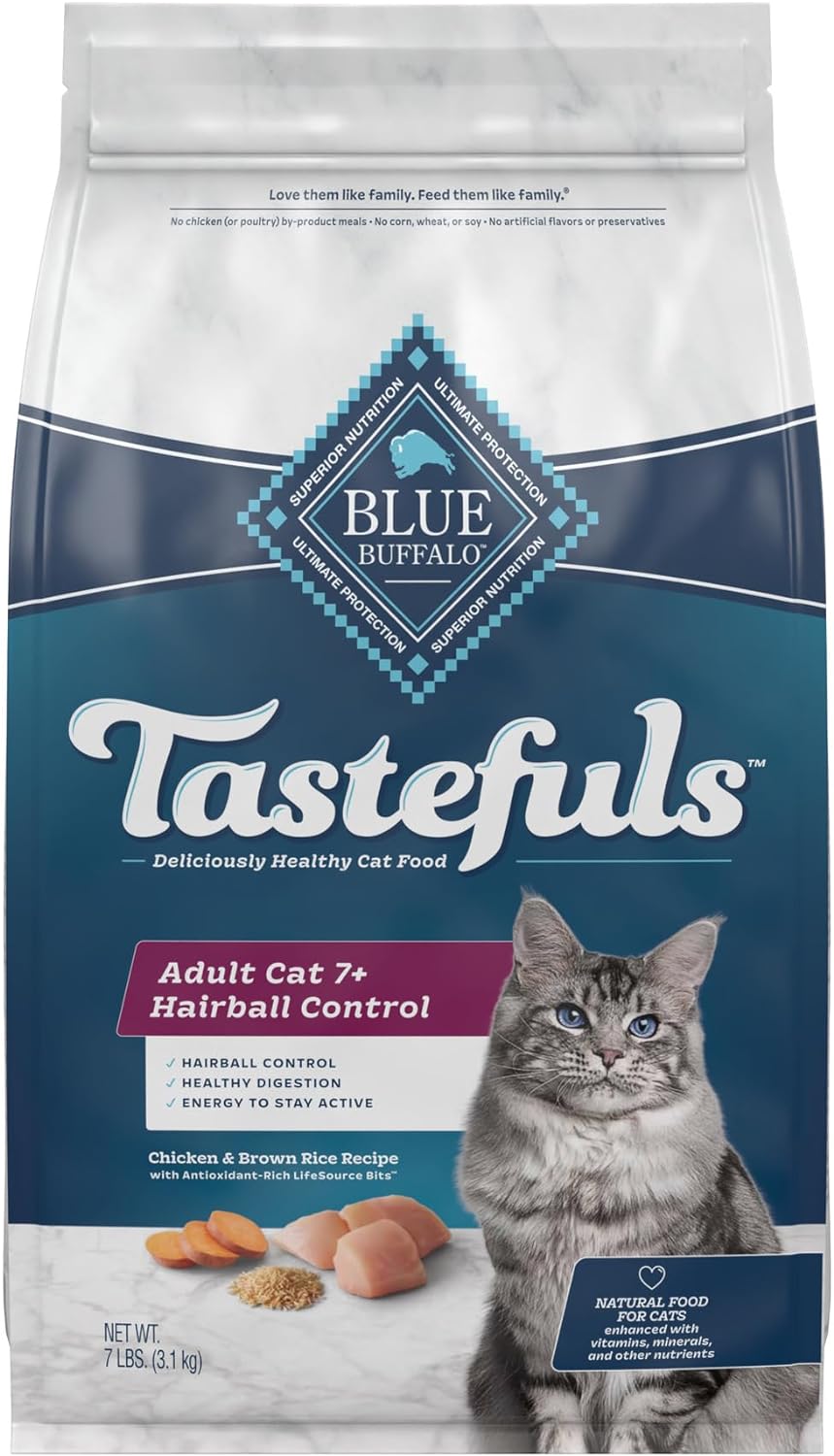 Blue Buffalo Tastefuls Natural Dry Food For Adult Cats 7+, Hairball Control, Chicken & Brown Rice Recipe, 7-Lb. Bag