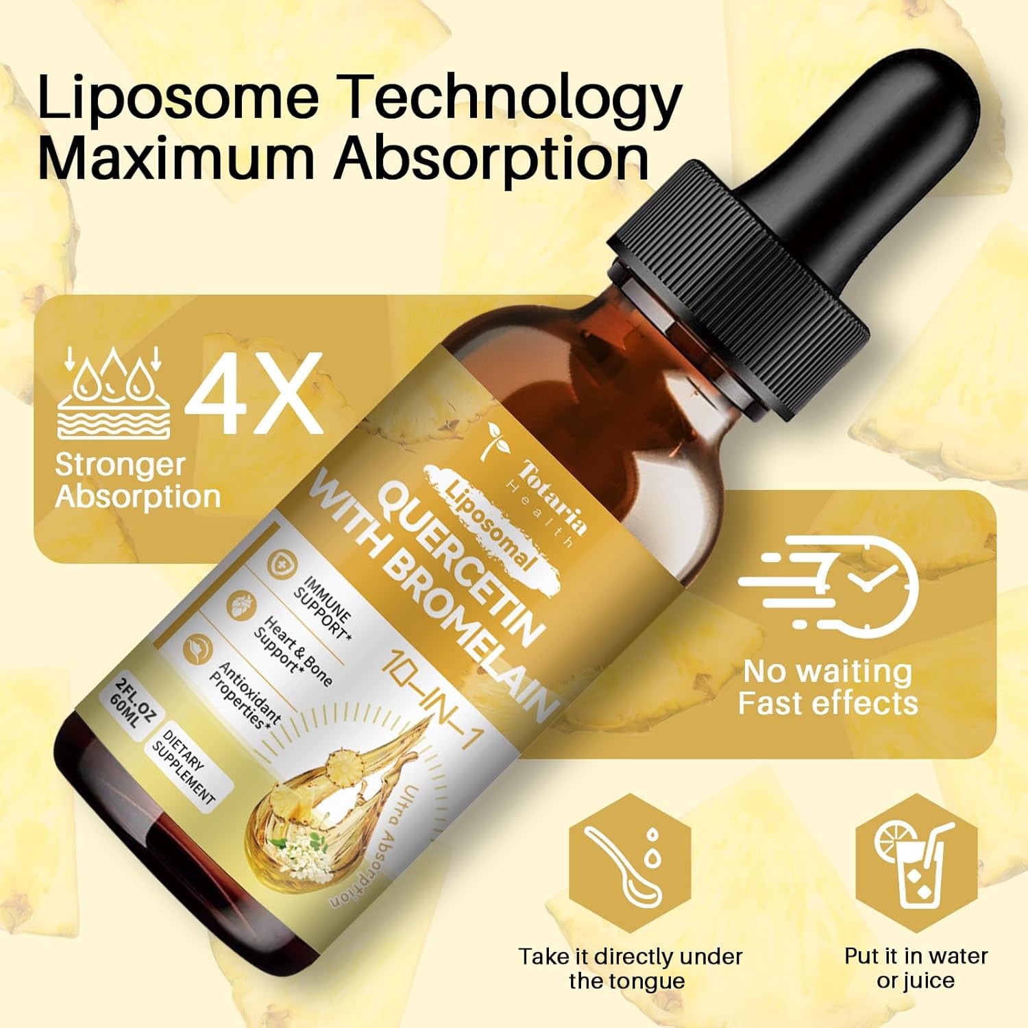 Totaria Liposomal Quercetin With Bromelain Liquid Drops - High Absorption Quercetin 1000Mg & Bromelain 500Mg Plus Elderberry,Vitamin C,Zinc For Immune & Antioxidant & Heart & Bone Support- 2 Fl Oz : Health & Household