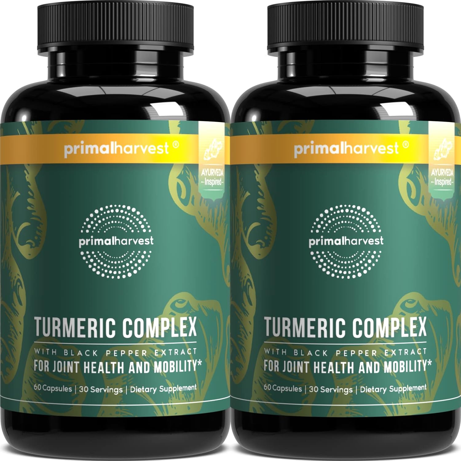 Primal Harvest 2 Pack, Primal Turmeric Complex W/Black Pepper Extract, Joint And Mobility Support Supplement For Women & Men, 120 Capsules