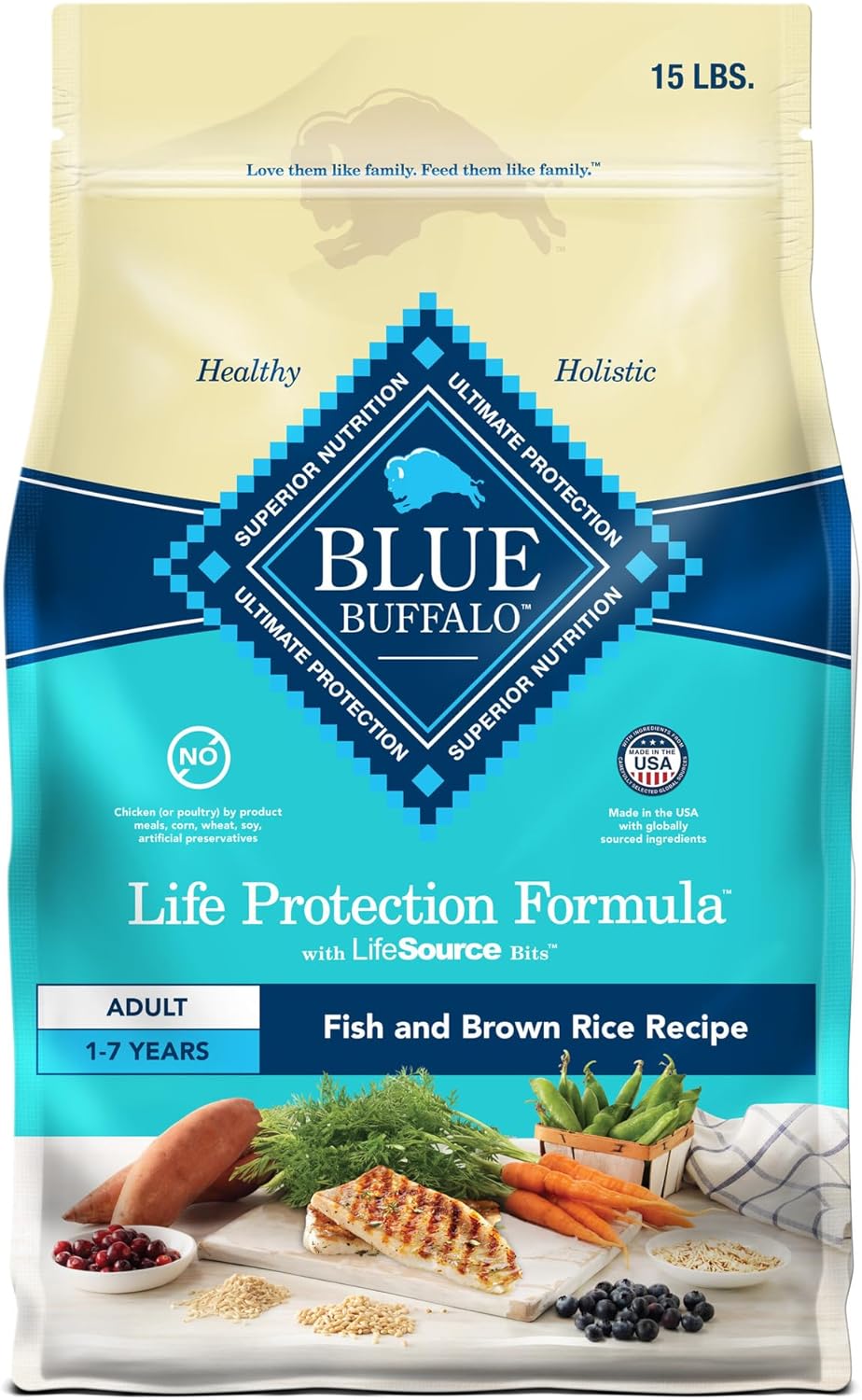 Blue Buffalo Life Protection Formula Adult Dry Dog Food, Helps Build And Maintain Strong Muscles, Made With Natural Ingredients, Fish & Brown Rice Recipe, 15-Lb. Bag