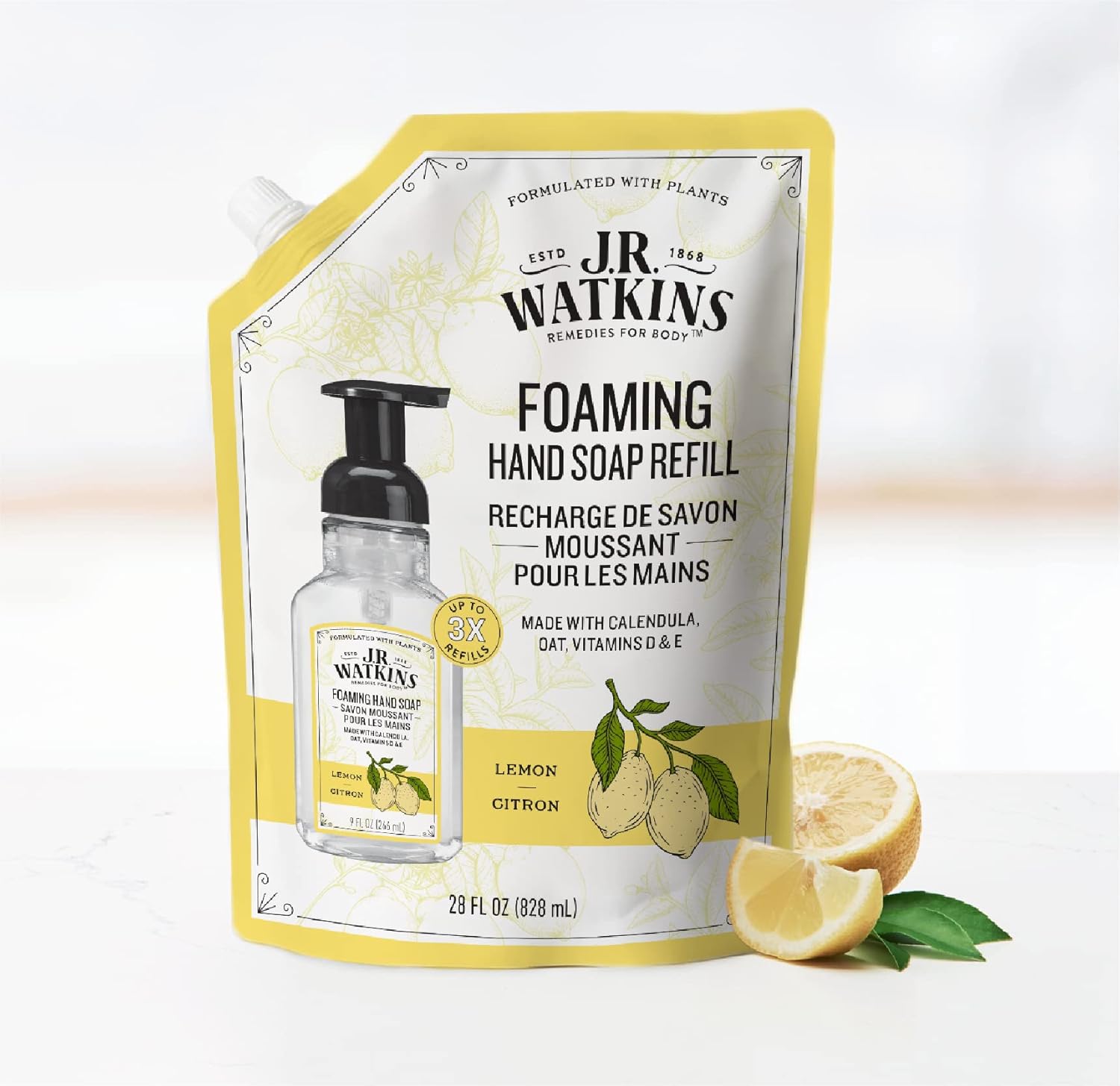 J.R. Watkins Foaming Hand Soap Refill, Moisturizing Foam Hand Wash, All Natural, Alcohol-Free, Cruelty-Free, USA Made, Lemon, 28 fl oz, 3 Pack : Beauty & Personal Care