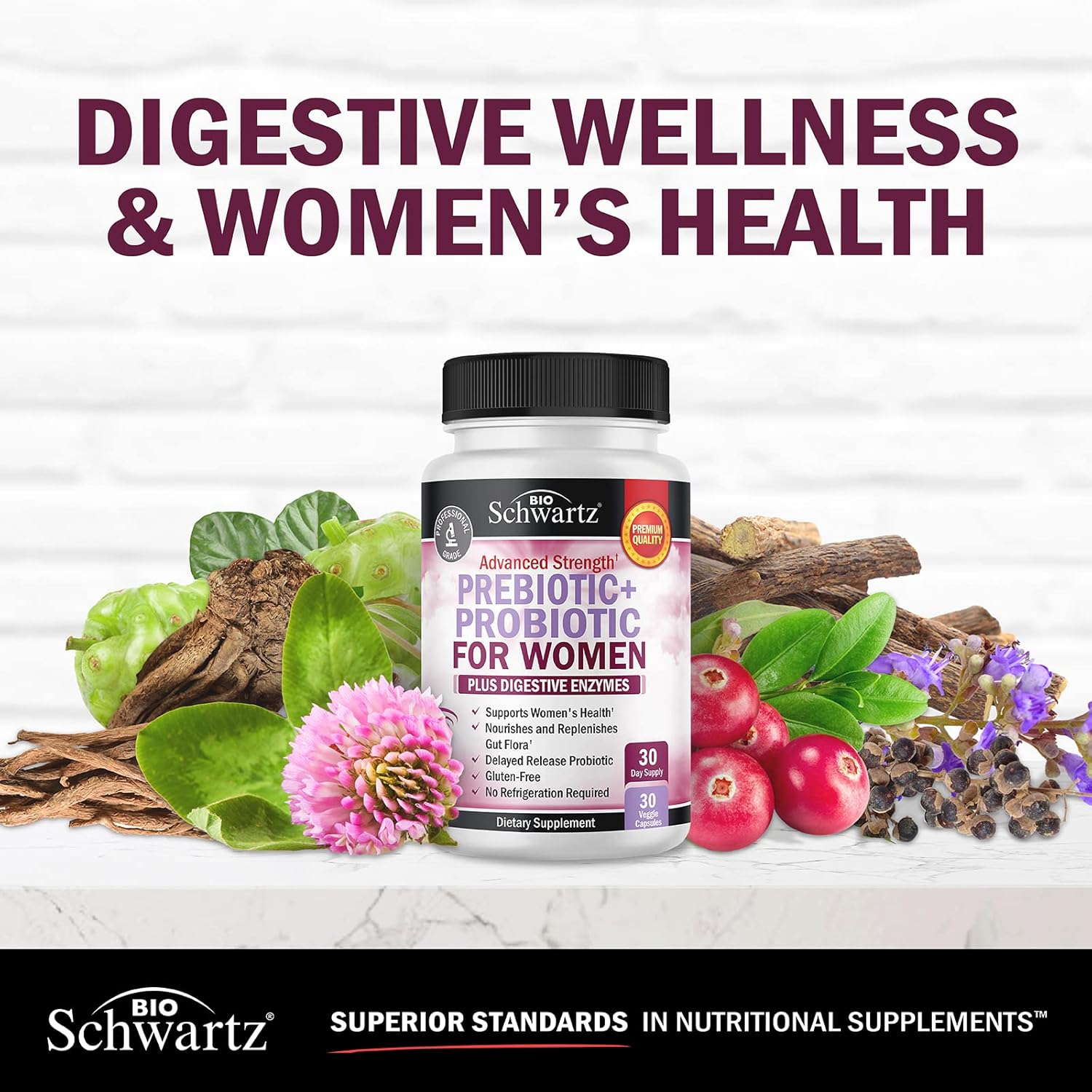 Prebiotics And Probiotics For Women - For Gut, Vaginal And Immune Health Support With Black Cohosh And Red Clover - Whole Food Digestive Enzymes Capsules, Lactobacillus Probiotic Supplement, 30 Count