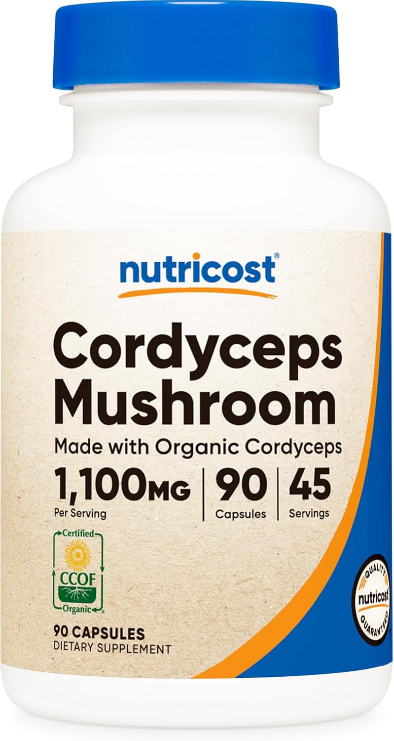 Nutricost Cordyceps Mushroom Capsules 1100Mg, 45 Serv - Ccof Certified Made With Organic, Vegetarian, Gluten Free, 550Mg Per Capsule (90 Capsules)