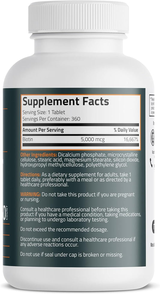 Bronson Biotin 5,000 MCG Supports Healthy Hair, Skin & Nails & Energy Production - High Potency Beauty Support - Non-GMO, 360 Vegetarian Tablets