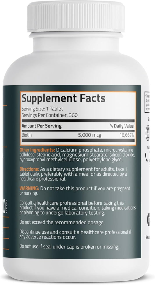 Bronson Biotin 5,000 Mcg Supports Healthy Hair, Skin & Nails & Energy Production - High Potency Beauty Support - Non-Gmo, 360 Vegetarian Tablets