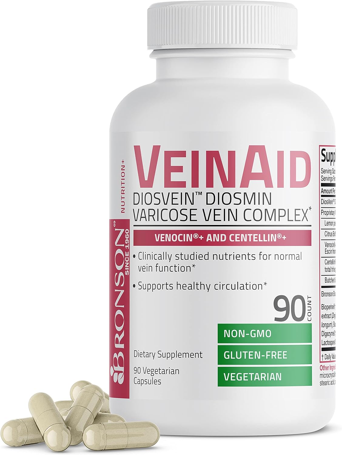 Bronson Veinaid Diosmin 1000Mg Diosvein Varicose Vein Complex With Venocin & Centellin, 90 Vegetarian Capsules