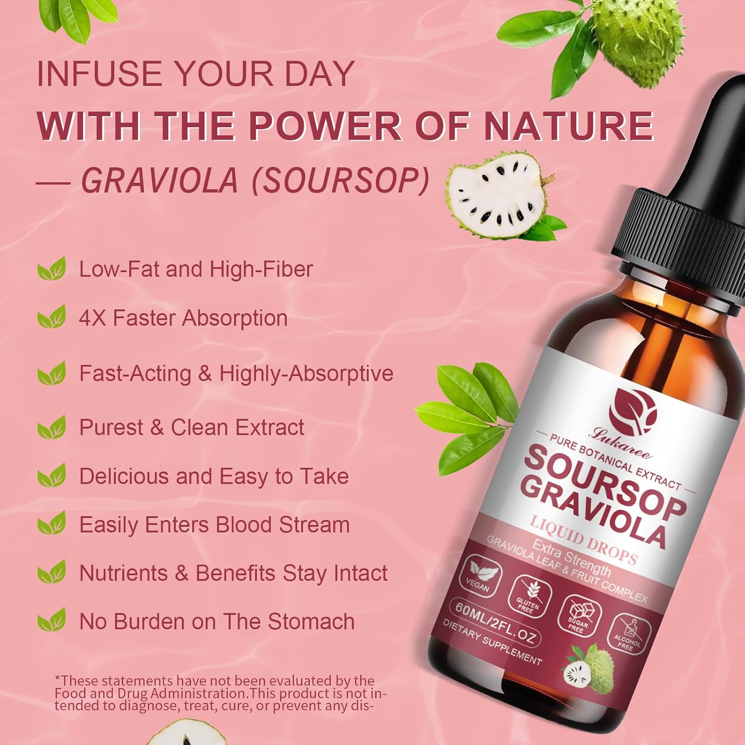 Soursop Graviola Liquid Drop - Pure Leave & Fruit Complex - 4X Effectiveness - Soursop Bitters Liquid For Immunity, Liver & Antioxidant, Herbal Goodness, 1 Month Supply, 2 Fl Oz