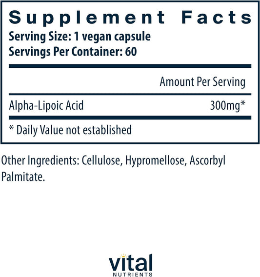 Vital Nutrients - Lipoic Acid - Multi-Purpose Nutrient and Powerful Antioxidant - 60 Vegetarian Capsules per Bottle - 300 mg