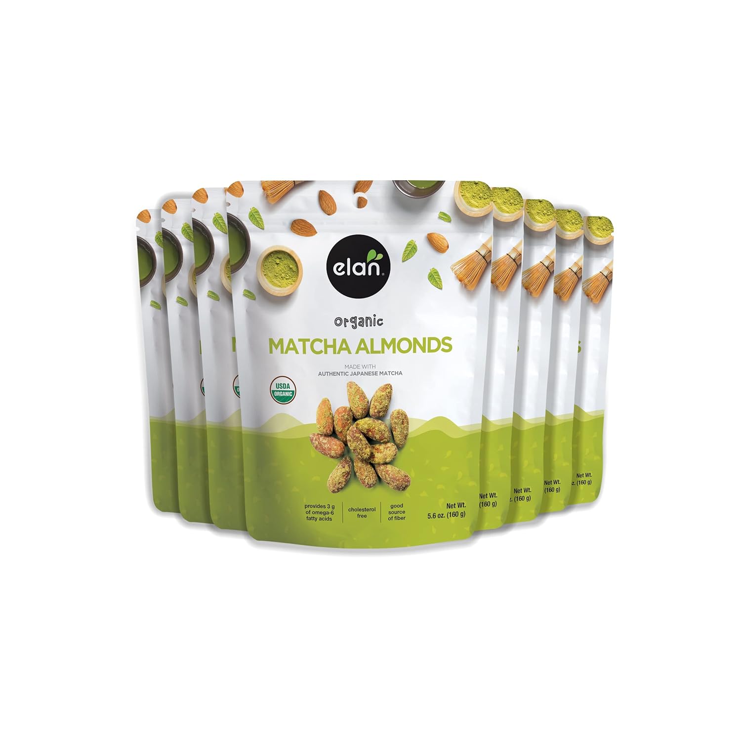 Elan Organic Matcha Almonds, Non-GMO, Gluten-Free, Vegan, Kosher, Superfood Infused Nuts (Roasted Almonds, Coconut, Matcha Green Tea Powder), Source of Antioxidants (Vitamin A), 8 pack of 5.6 oz
