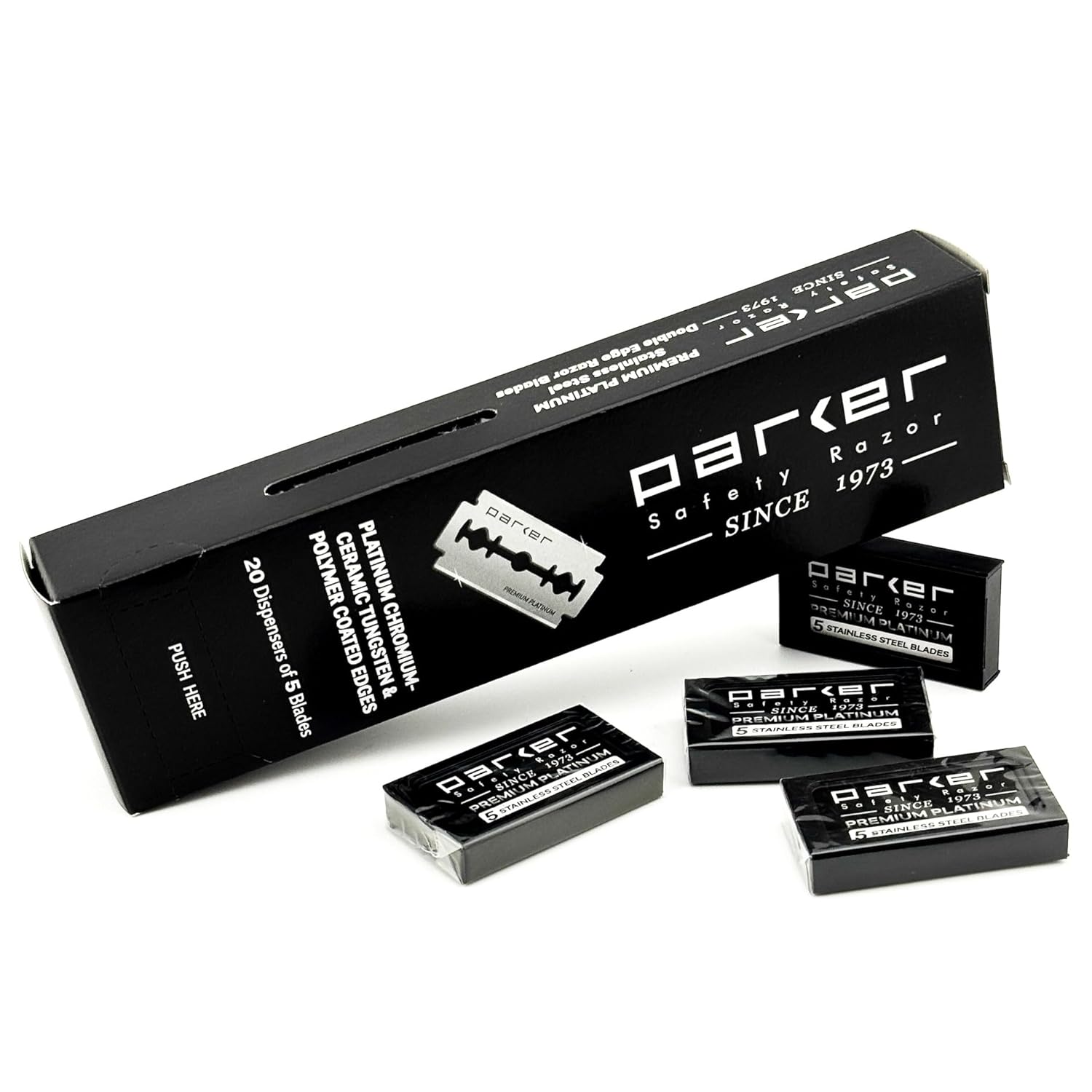 Parker 100-Count Double Edge Safety Razor Blades – Premium Platinum-Tungsten-Chromium Coated Stainless Steel For Smooth, Long-Lasting Shaves – Fits All De Razors