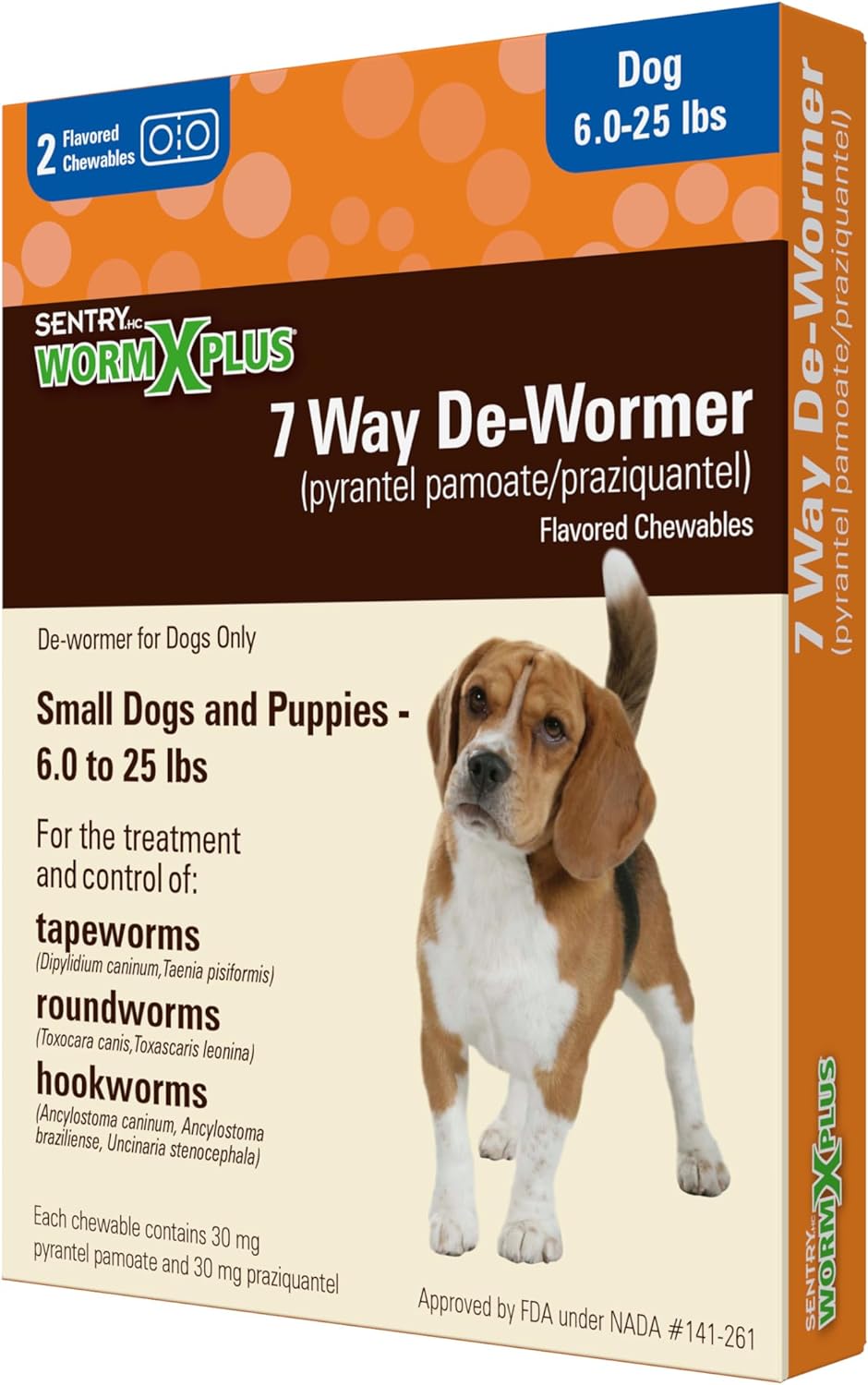 HC Worm X Plus 7 Way De-Wormer (pyrantel pamoate/praziquantel), for Puppies and Small Dogs, 6-25 lbs, Chewable, 2 Count
