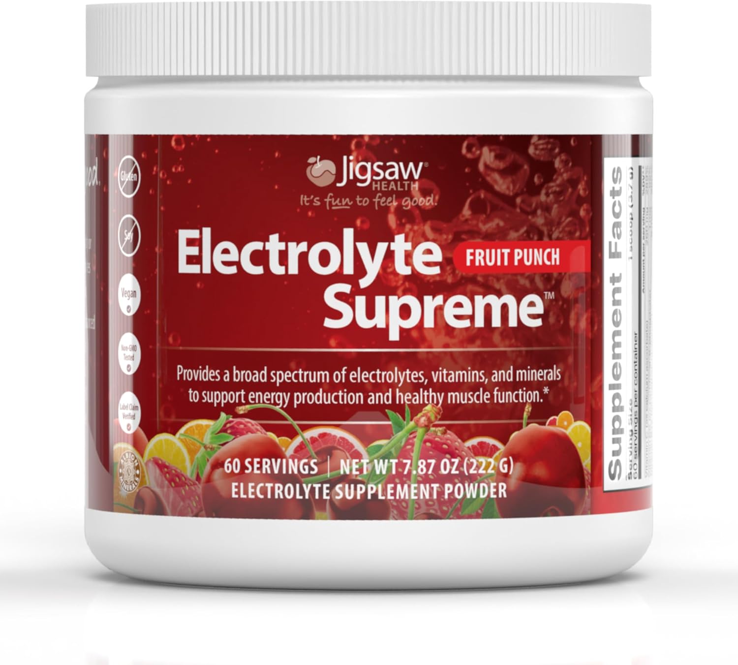 Jigsaw Health Electrolyte Supreme | Broad Spectrum Of Electrolytes + Trace Minerals | Fruit Punch Flavor | 60 Servings (Jar)