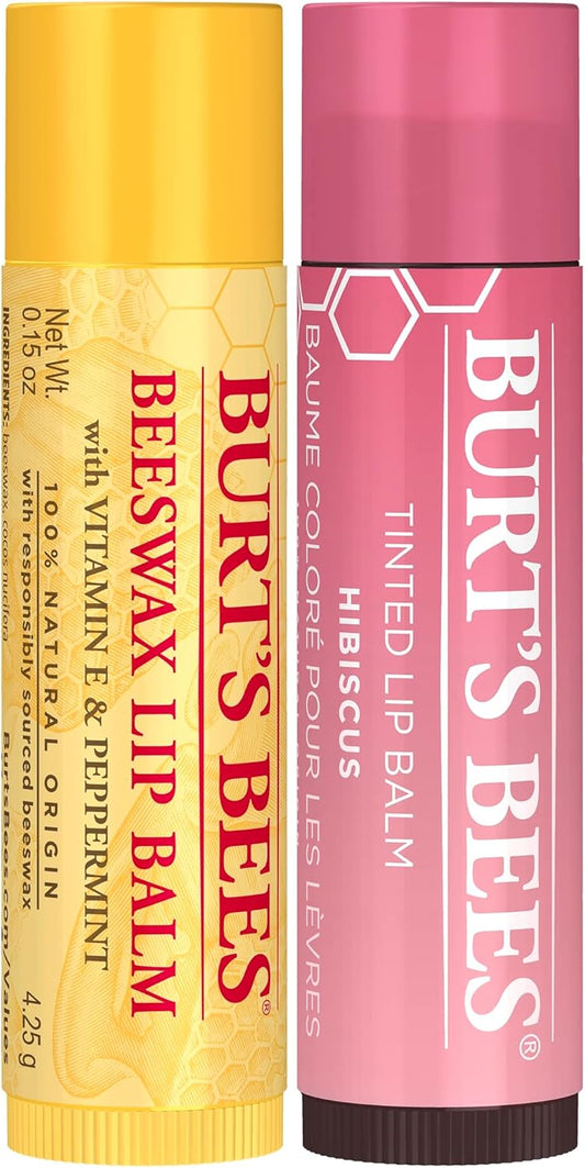 Burt'S Bees Lip Balm Multipack, 2X4.25G, Pink, Pack Of 1: Moisturising Lip Balm Duo, Beeswax & Tinted In Hibiscus, Natural, Softening, Nourishing, Dry Lip Care