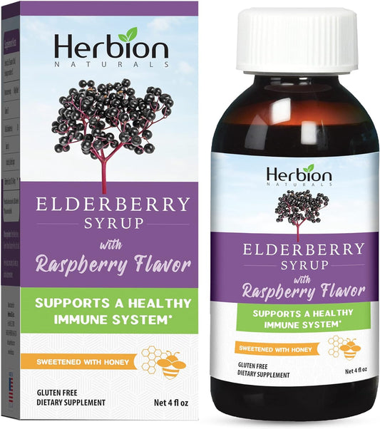 Herbion Naturals elderberry syrup: immune boost for all - 4 fl oz - honey-sweetened, raspberry flavor - no artificial ingredients - USA (Pack of 2)