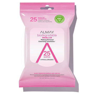 Almay Makeup Remover Cleansing Towelettes, Biodegradable Micellar Water Wipes For Sensitive Skin, Hypoallergenic, Cruelty- & Fragrance-Free, 25 Count