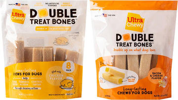 Ultra Chewy Double Treat Bones: Long-Lasting Treats Made In Usa For Large And Small Breeds, Highly Digestible, For Aggressive Chewers (Bacon Cheese And Chicken Flavor, 2 Packs)
